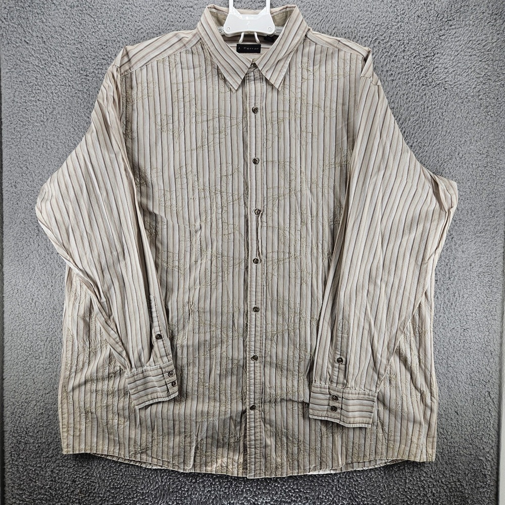J.‎ Ferrar Mens 3XLT Brown Striped Embroidered Button Down Shirt Long Sleeve